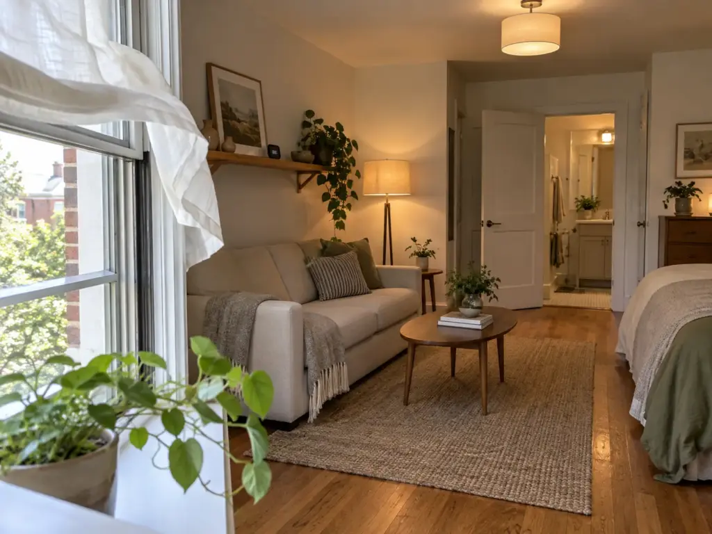 Studio apartment with the window sash raised, a shade moving in the air and a bathroom door open across the room