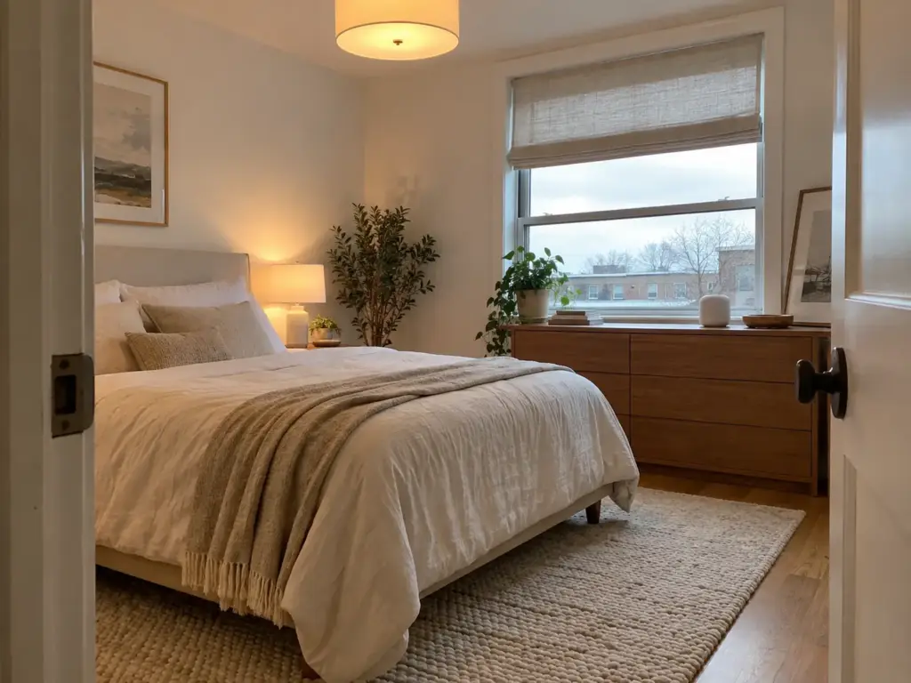 Bedroom morning with a window raised a few inches and a small CO2 monitor on the dresser beside it