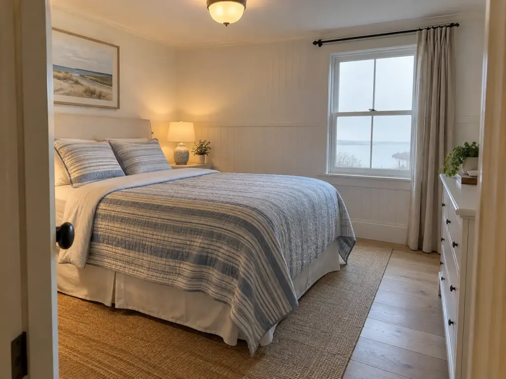 Coastal cottage bedroom in the morning with the window latched, the bed made and the door open to the hall
