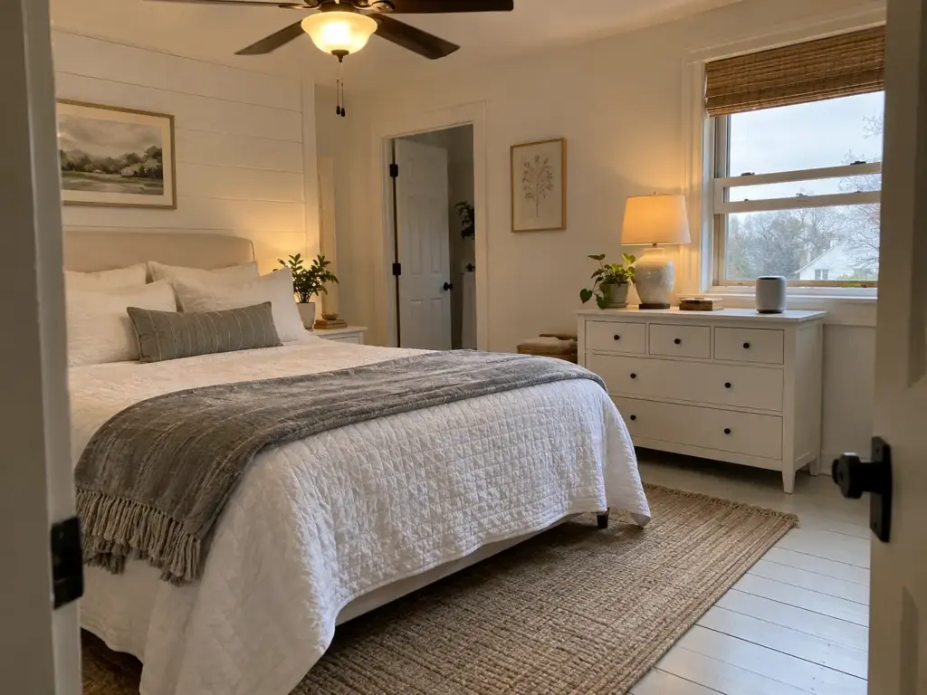 Farmhouse bedroom in the morning with the window raised a few inches and a small CO2 monitor on the dresser