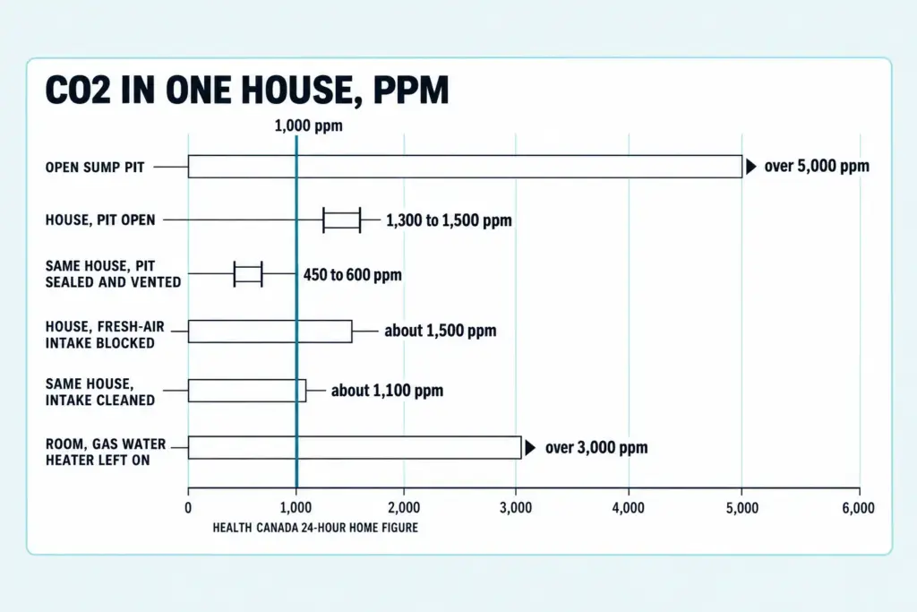 Horizontal bar chart of CO2 readings in one house, from over 5,000 ppm at an open sump pit to 450 to 600 ppm after sealing