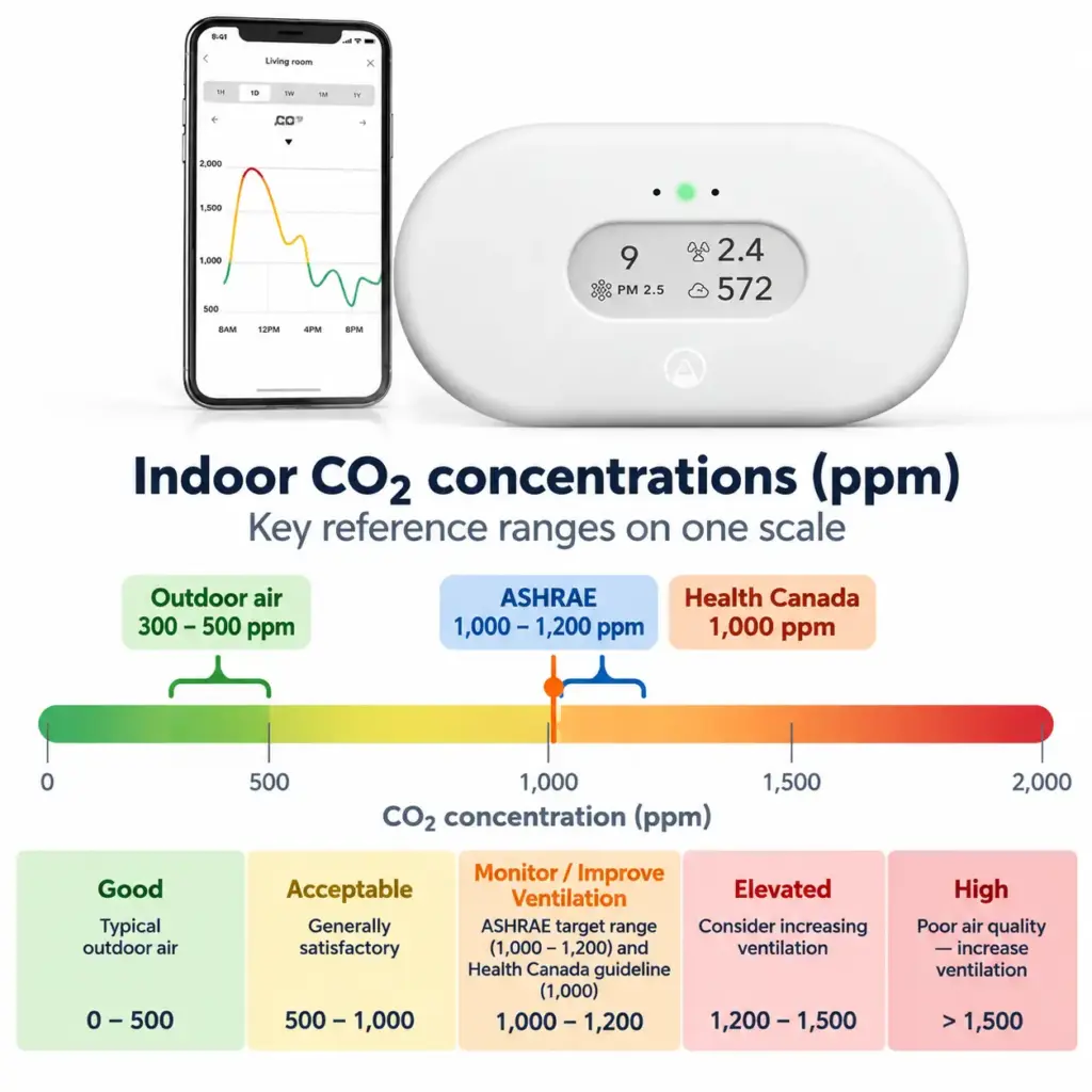 Plate of indoor CO2 on one ppm scale: outdoor 300–500, ASHRAE 1,000–1,200 and Health Canada 1,000 ppm marked together