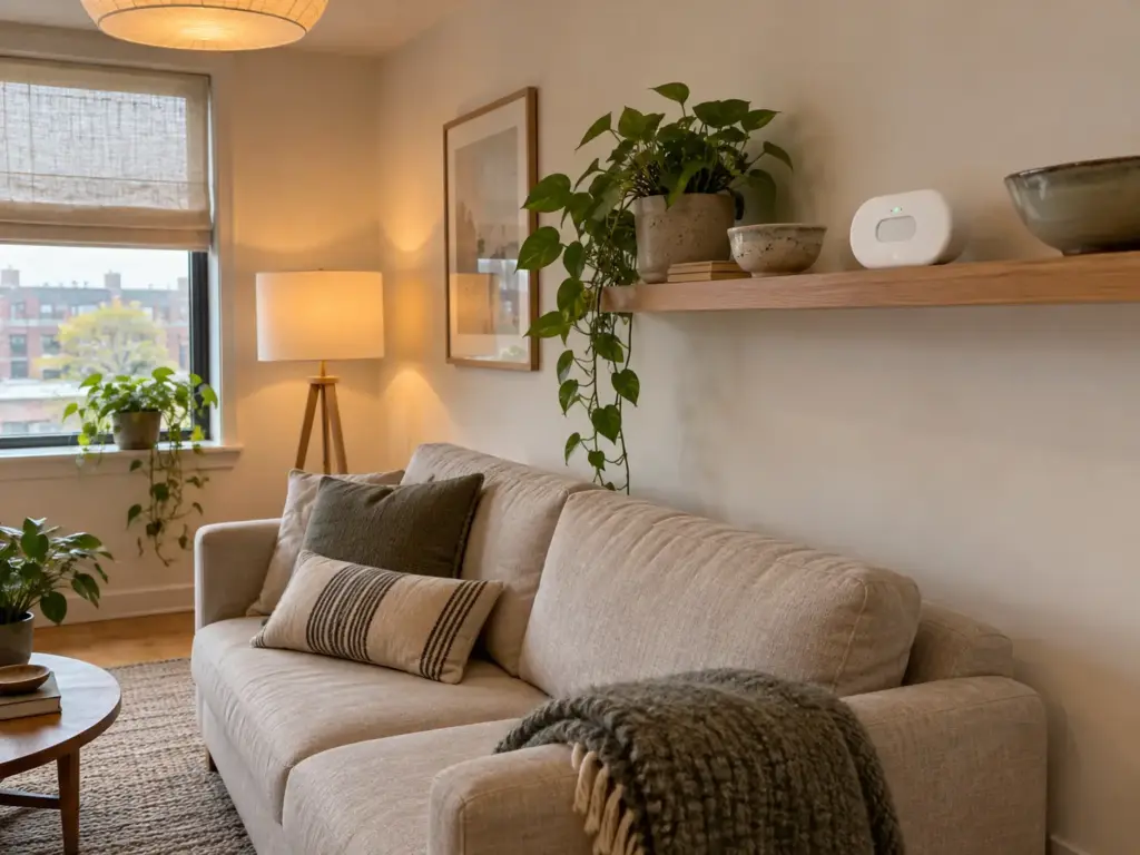 A home CO2 monitor on a studio wall shelf at shoulder height, away from the window, with its screen turned aside