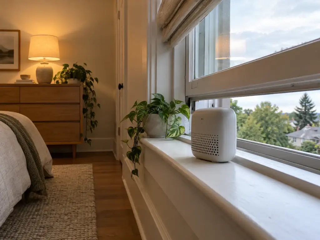 Small CO2 monitor on a bedroom windowsill beside a window raised a few inches