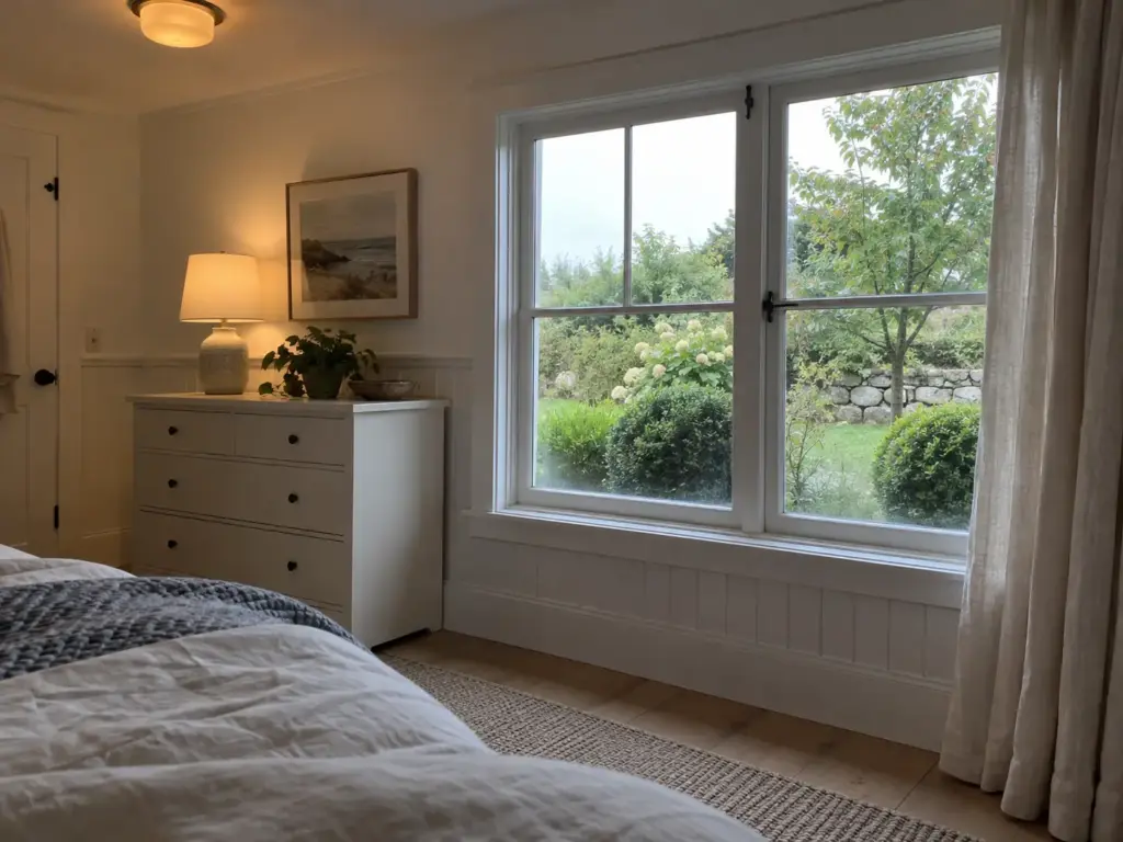 Closed bedroom window looking onto a garden of shrubs and a tree, with a linen curtain drawn to one side