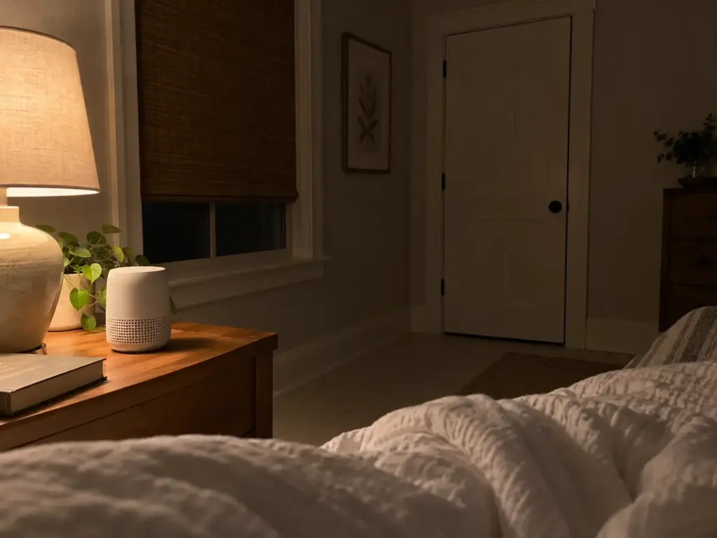 Closed farmhouse bedroom at night with a small CO2 monitor on the nightstand beside a lamp