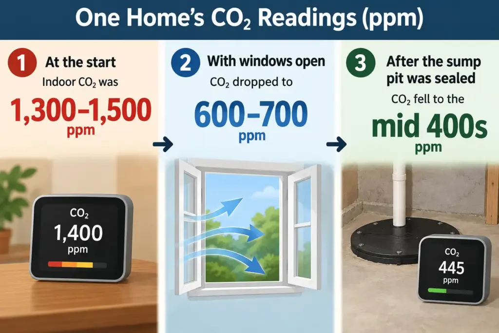 Plate of one home's CO2 readings in ppm, as its owner reported them: 1,300–1,500 at the start, 600–700 with windows open, mid 400s after the sump pit was sealed
