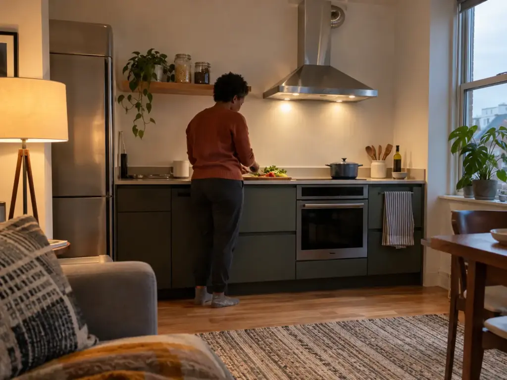 A woman at a studio kitchenette cutting vegetables beside an induction cooktop with the range hood light and fan on