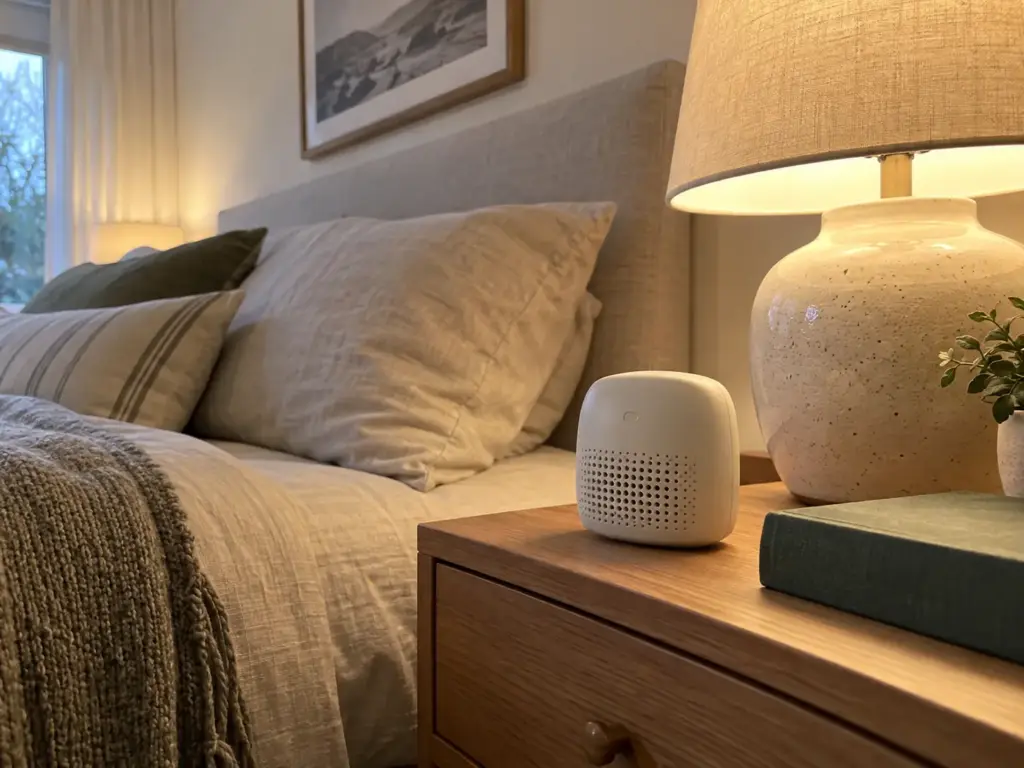 CO2 monitor on a bedroom nightstand next to a lamp, a folded throw and a closed book