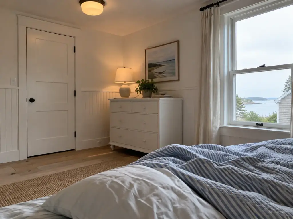 Shut bedroom door and a latched window in a coastal cottage bedroom, the bed unmade after a night's sleep