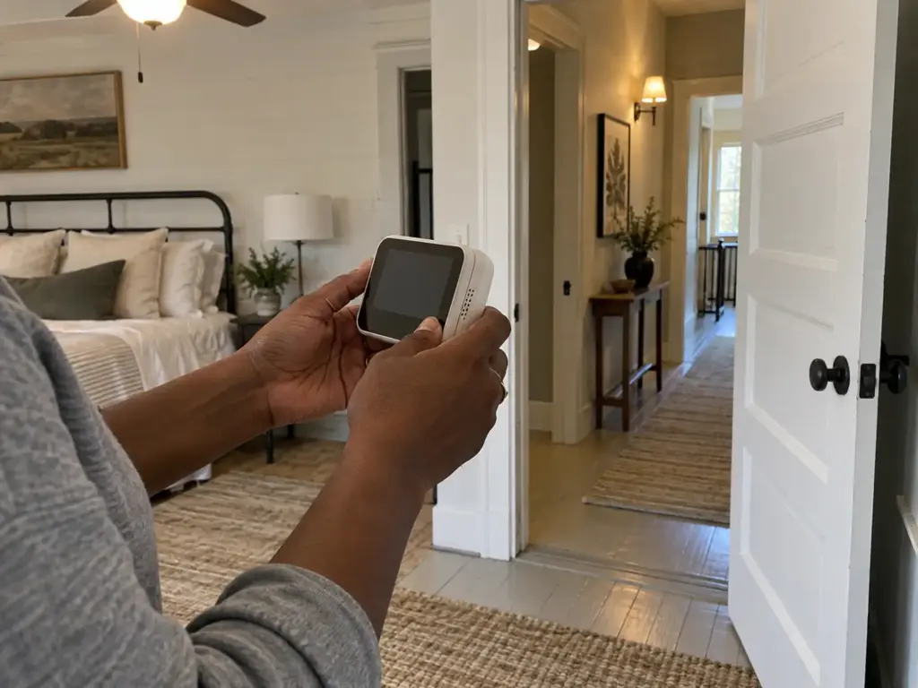 Woman's hands carrying a small CO2 monitor through a bedroom doorway toward the hallway