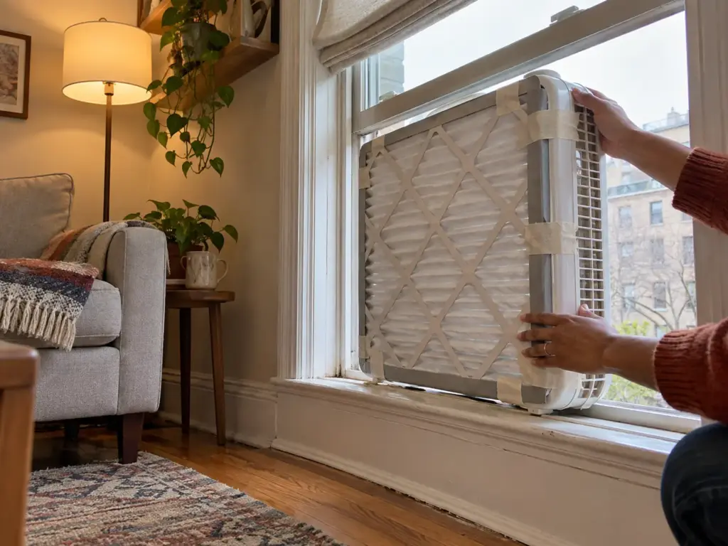 Hands setting a box fan into a raised window sash with a pleated filter taped over its intake side