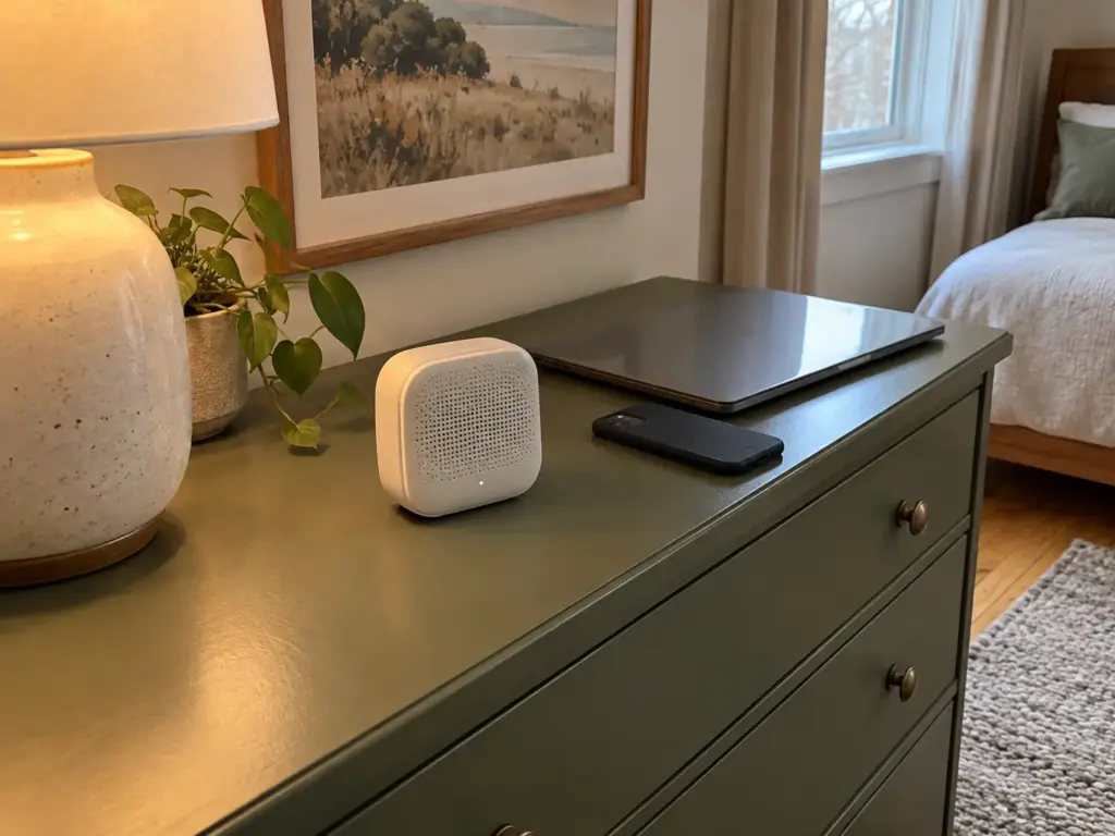 CO2 monitor on a bedroom dresser beside a closed laptop and a phone lying face down