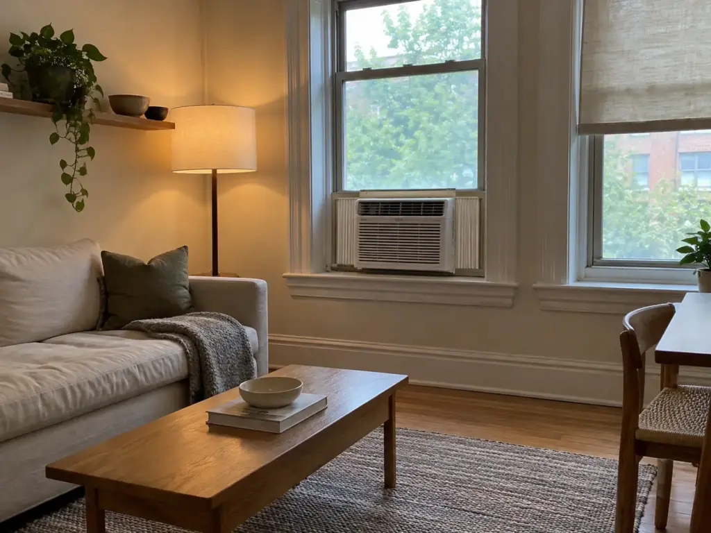 A window air conditioner fitted in a studio apartment sash with side panels, the room shades half drawn and the window shut