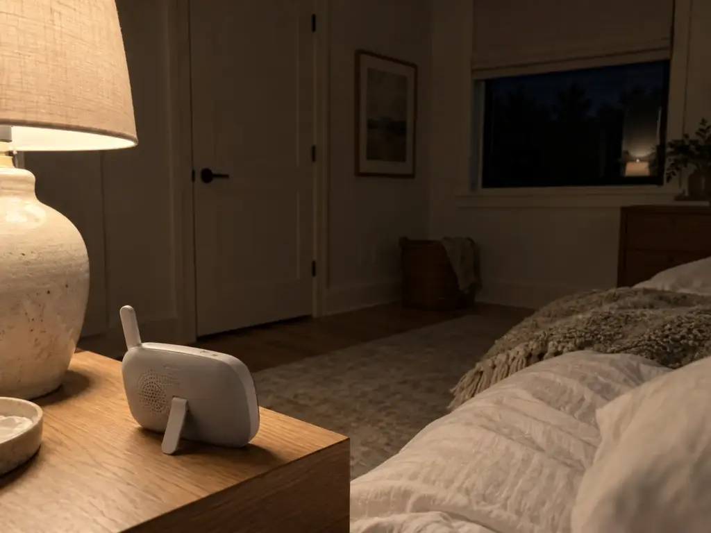 Closed bedroom at night with a CO2 monitor on the nightstand lit only by a lamp