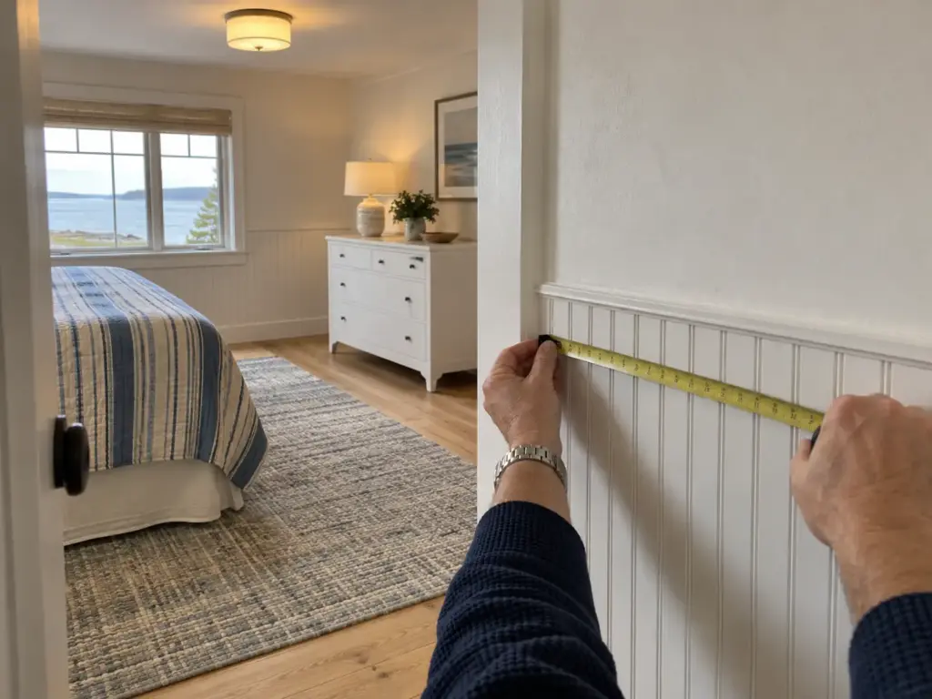 Man's hands holding a steel tape measure along the beadboard wall at the foot of a bed in a cottage bedroom