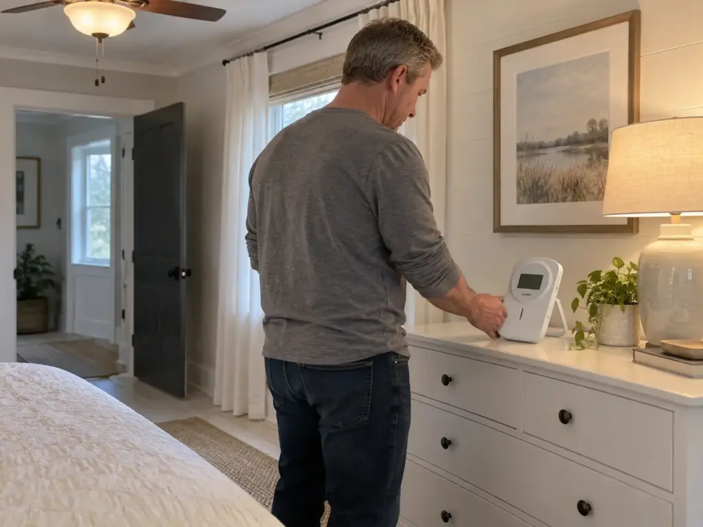 Man setting an INKBIRD CO2 monitor on a bedroom dresser to check it against another reading