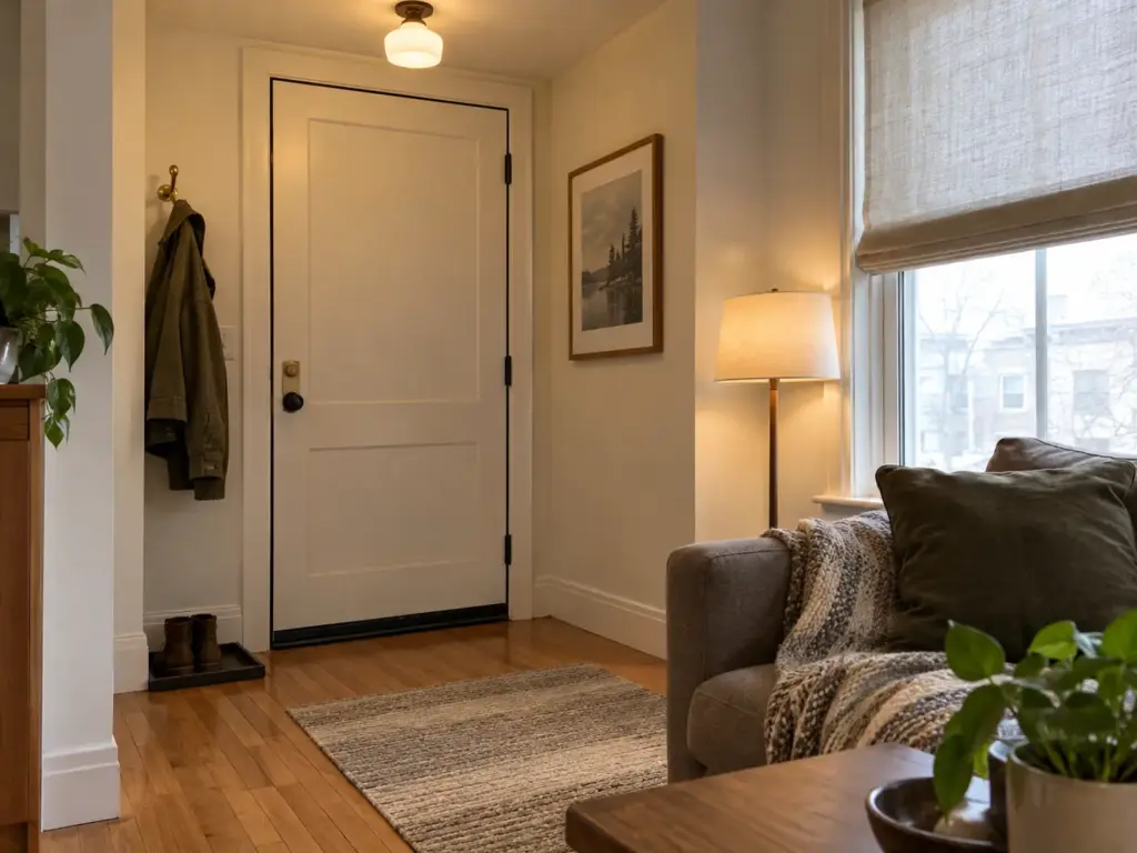 The closed entry door of a tightly built studio apartment with a door sweep at its base and a coat on a hook beside it