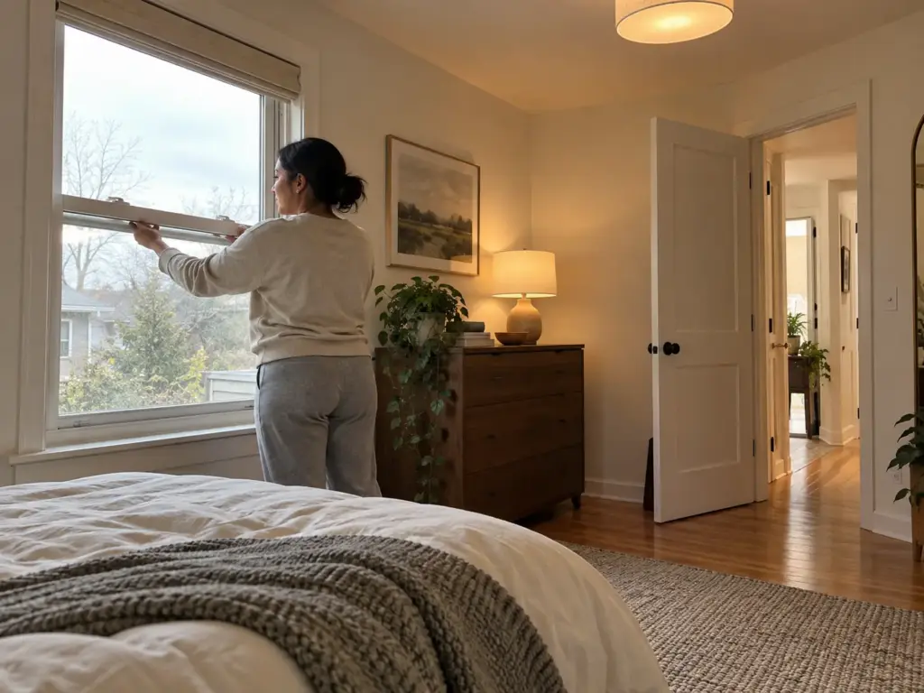 Person raising a bedroom window a few inches in the morning, the interior door open behind them