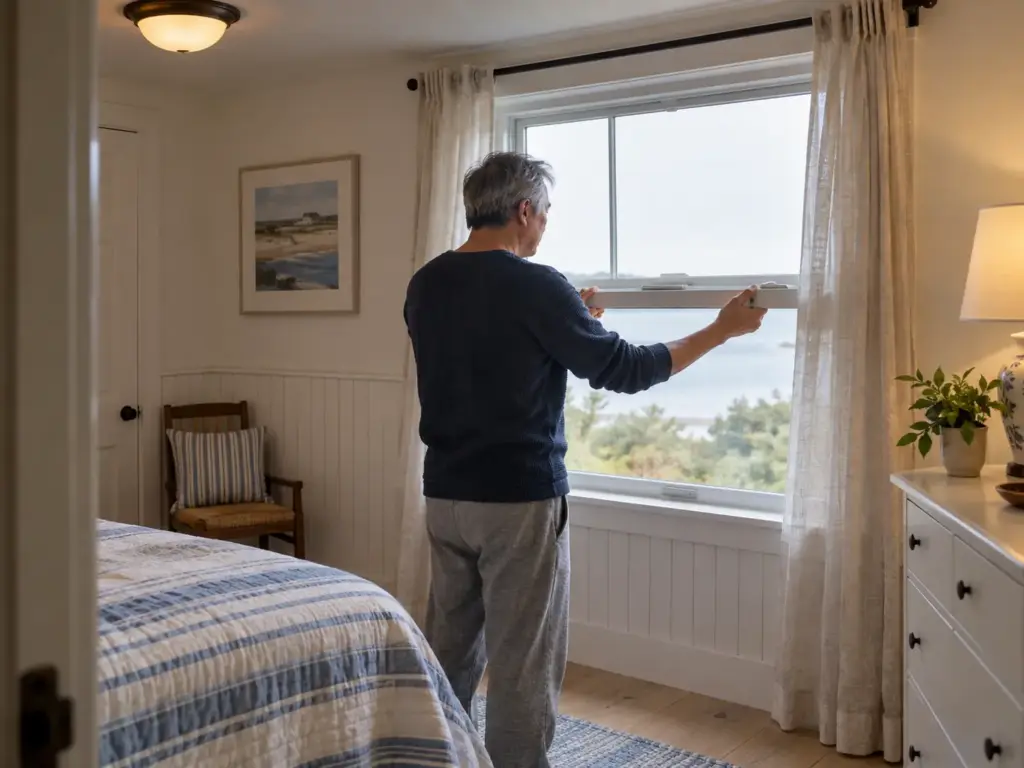 Man from behind raising a bedroom window a few inches in a coastal cottage bedroom, the linen curtain stirring