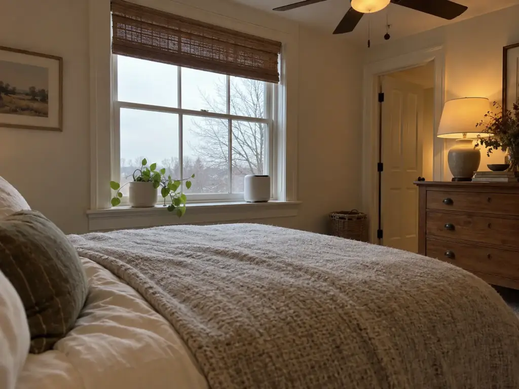 Closed bedroom window on a winter afternoon with a small CO2 monitor on the sill and a wool blanket on the bed