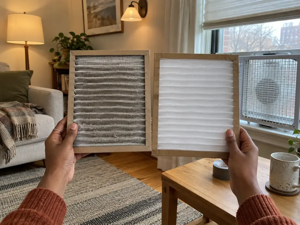 Hands holding a gray, used furnace filter beside a new white one on a low table in a studio apartment