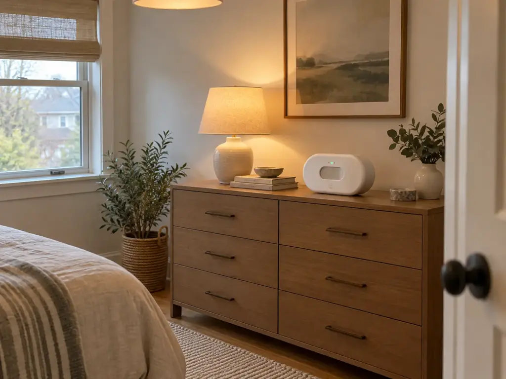 Airthings View Plus on a bedroom dresser at shoulder height, away from the door and the window