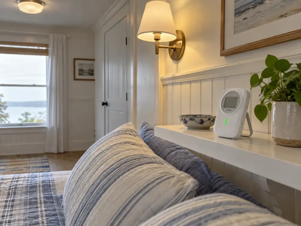 Compact CO2 meter on a wall shelf beside a bed, an arm's length from the pillow, in a coastal cottage bedroom