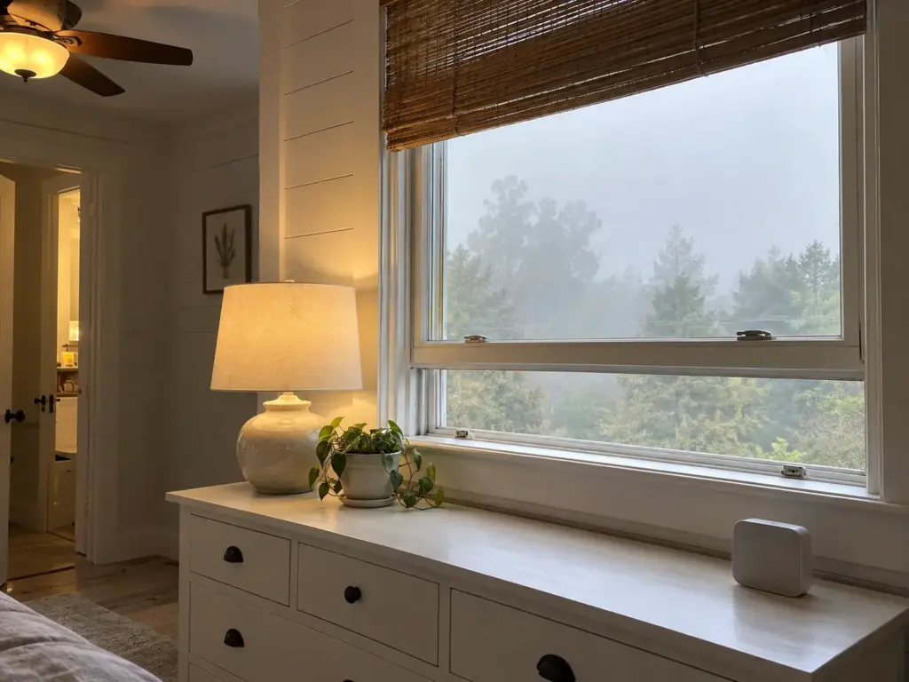 Bedroom window raised a few inches with a pale hazy sky outside and the trees across the road softened