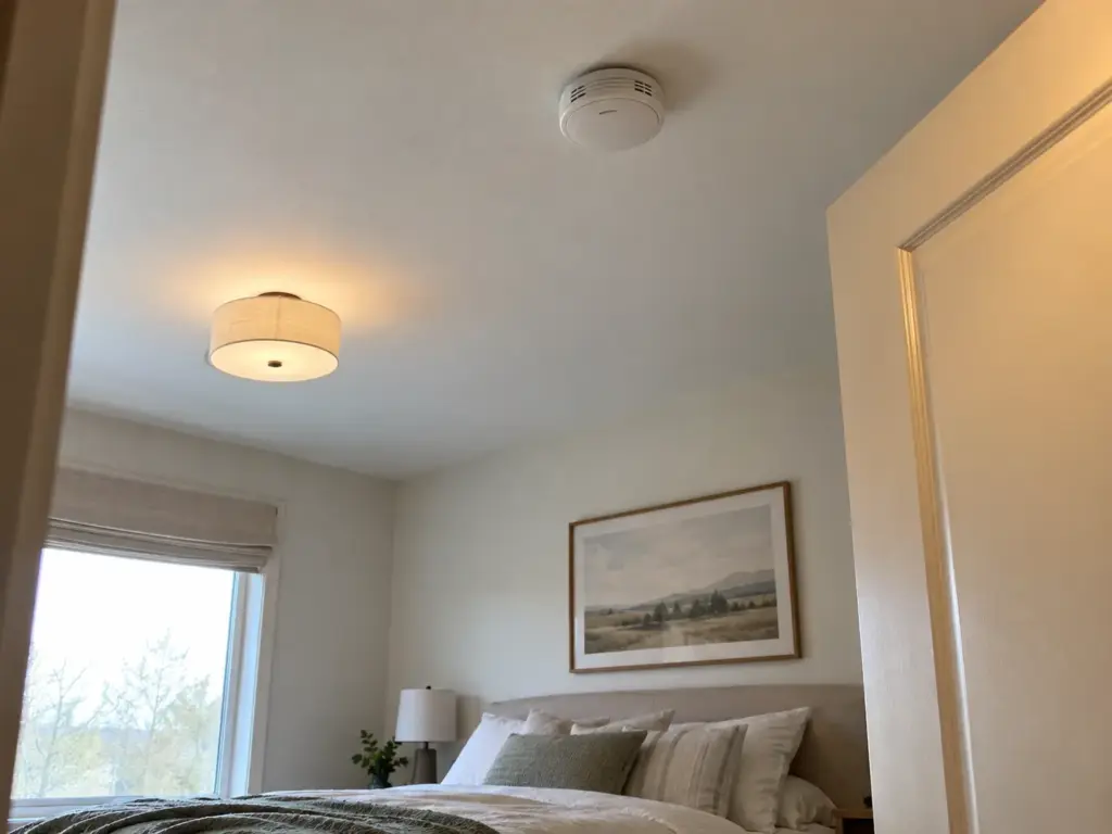 Smoke and carbon monoxide alarm on a bedroom ceiling, seen from the door
