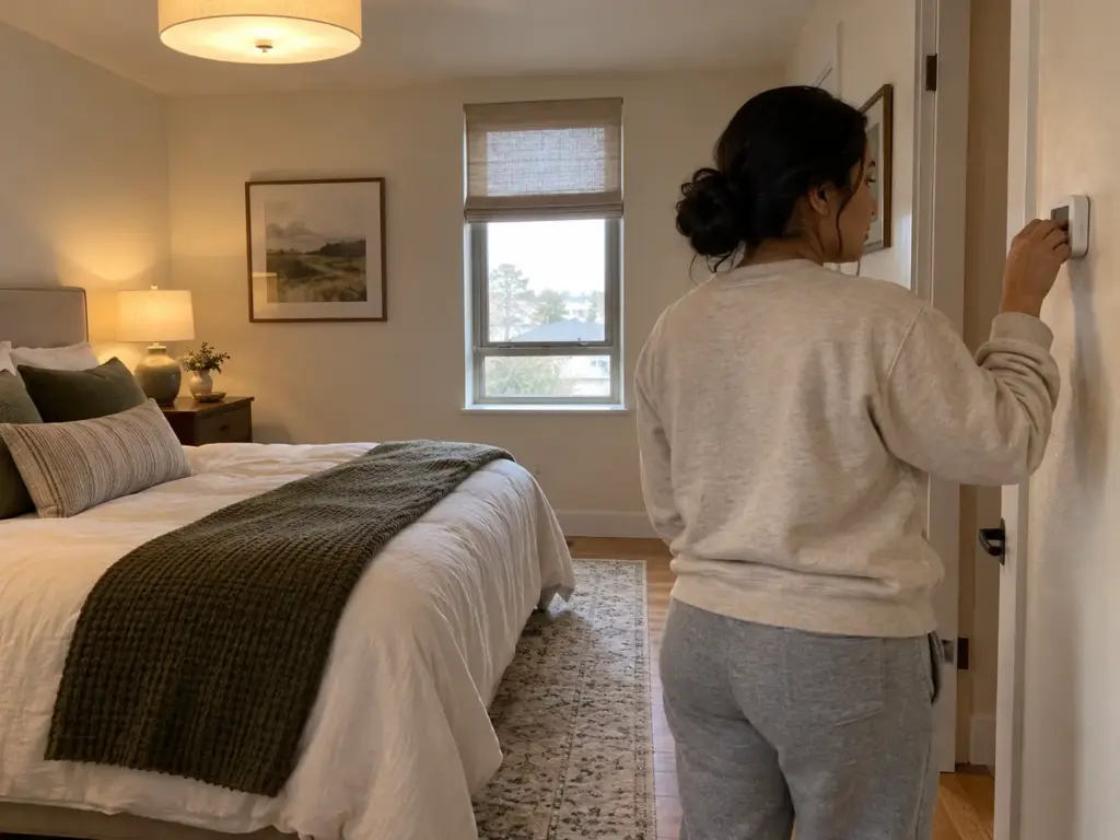 Renter at a bedroom wall thermostat with the window raised a few inches, seen from behind