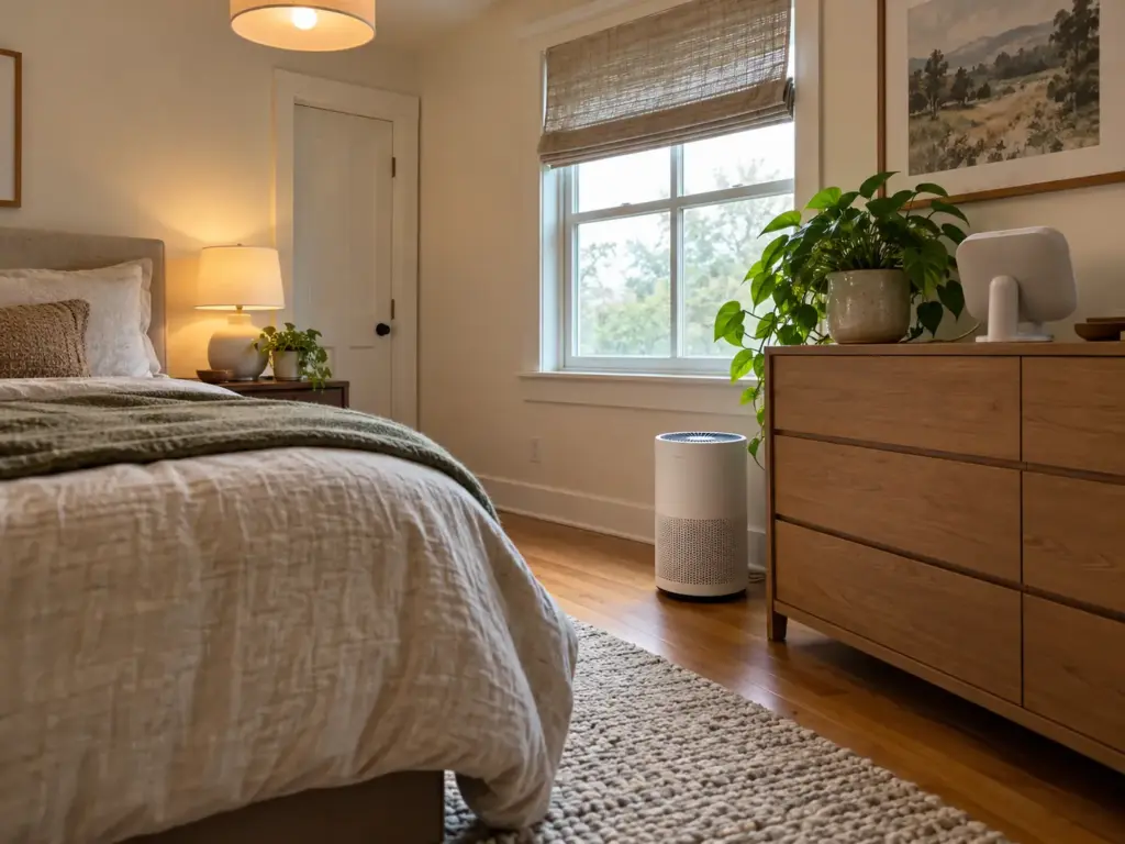 Small air purifier on a bedroom floor and a houseplant on the dresser beside a CO2 monitor